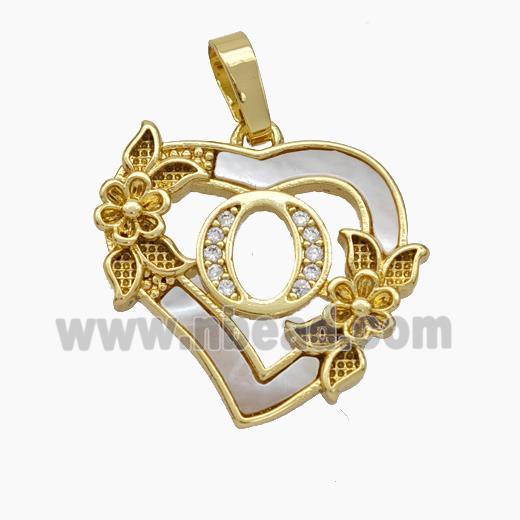 Copper Heart Pendant Pave Shell Zirconia Letter-O Flower 18K Gold Plated