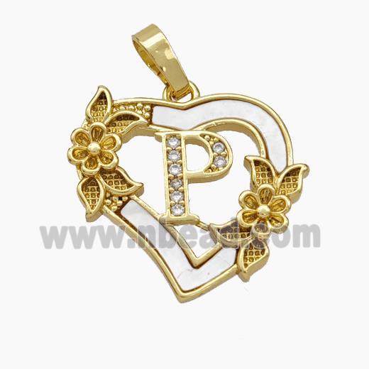 Copper Heart Pendant Pave Shell Zirconia Letter-P Flower 18K Gold Plated