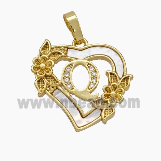 Copper Heart Pendant Pave Shell Zirconia Letter-Q Flower 18K Gold Plated