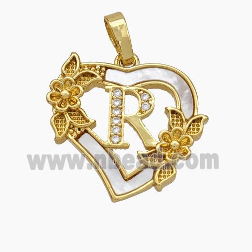 Copper Heart Pendant Pave Shell Zirconia Letter-R Flower 18K Gold Plated