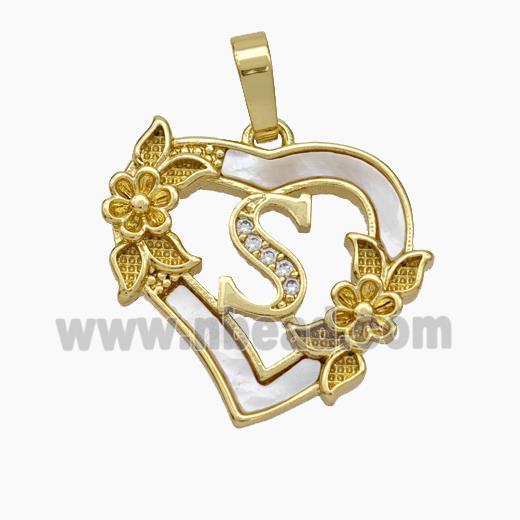 Copper Heart Pendant Pave Shell Zirconia Letter-S Flower 18K Gold Plated