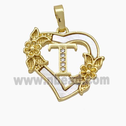 Copper Heart Pendant Pave Shell Zirconia Letter-T Flower 18K Gold Plated