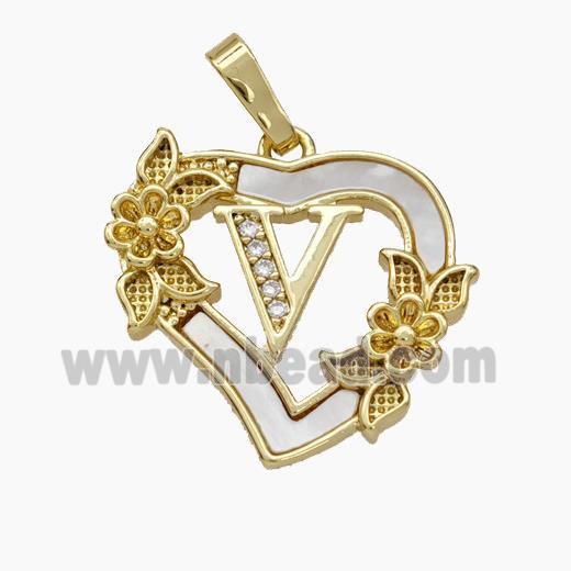 Copper Heart Pendant Pave Shell Zirconia Letter-V Flower 18K Gold Plated