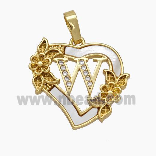 Copper Heart Pendant Pave Shell Zirconia Letter-W Flower 18K Gold Plated