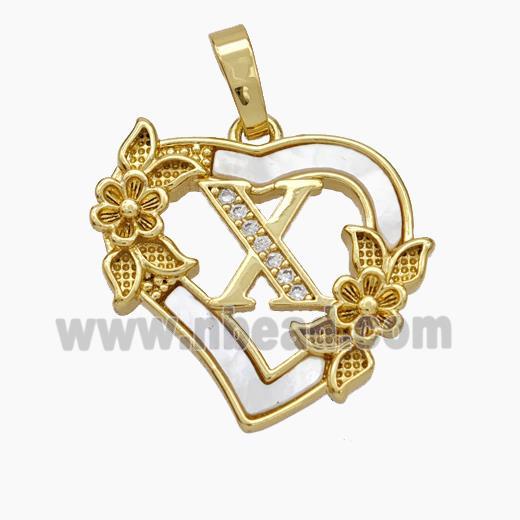 Copper Heart Pendant Pave Shell Zirconia Letter-X Flower 18K Gold Plated