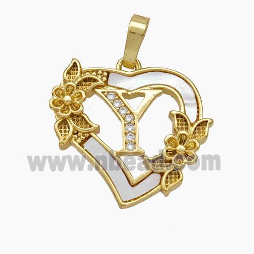 Copper Heart Pendant Pave Shell Zirconia Letter-Y Flower 18K Gold Plated