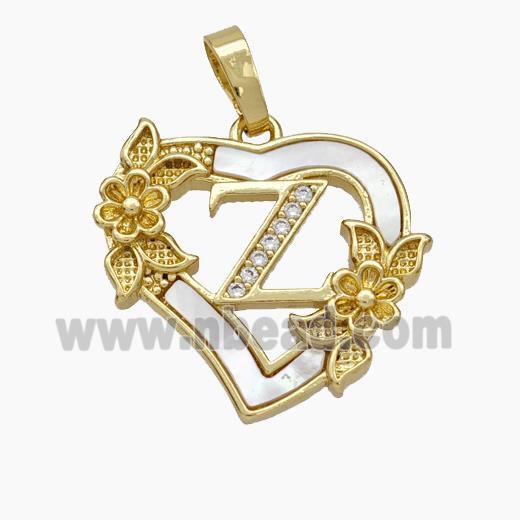 Copper Heart Pendant Pave Shell Zirconia Letter-X Flower 18K Gold Plated