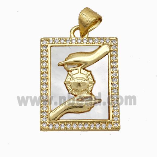 Copper Tarot Card Pendant Pave Shell Zirconia Hands 18K Gold Plated