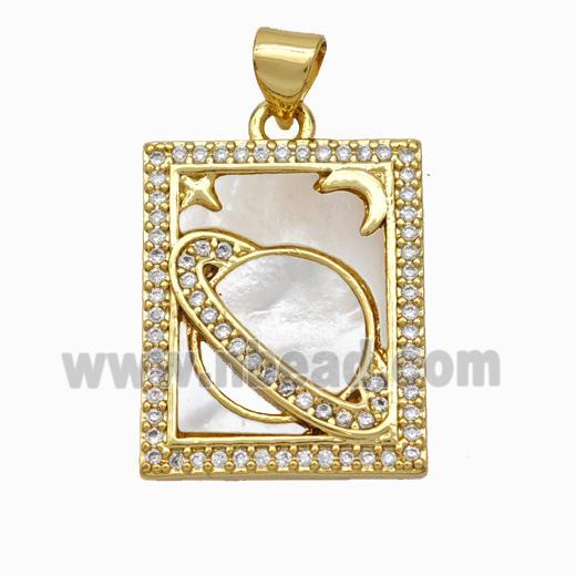 Copper Tarot Card Pendant Pave Shell Zirconia Planet Moon 18K Gold Plated