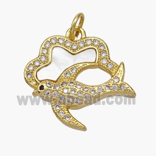 Copper Swallow Pendant Pave Shell Zirconia Birds 18K Gold Plated