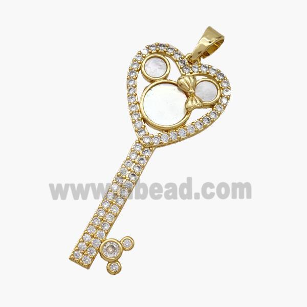 Copper Key Pendant Pave Shell Zirconia 18K Gold Plated