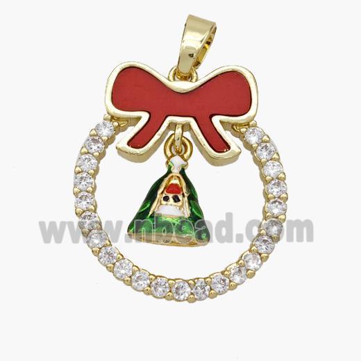 Christmas Bell Copper Bow Pendant Pave Shell Zirconia Painted 18K Gold Plated