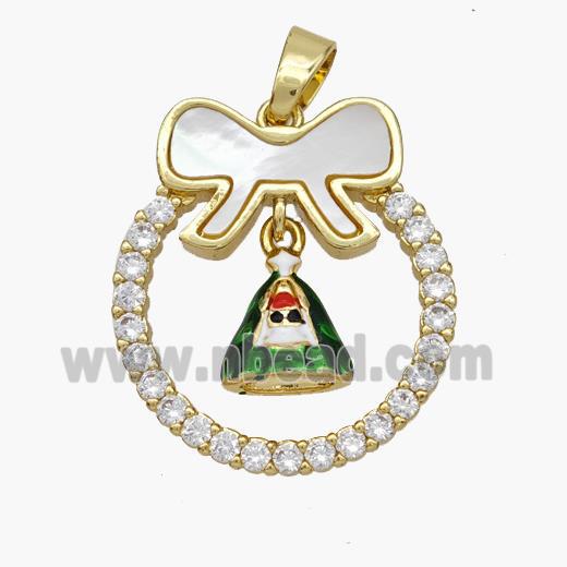 Christmas Bell Copper Bow Pendant Pave Shell Zirconia Painted 18K Gold Plated