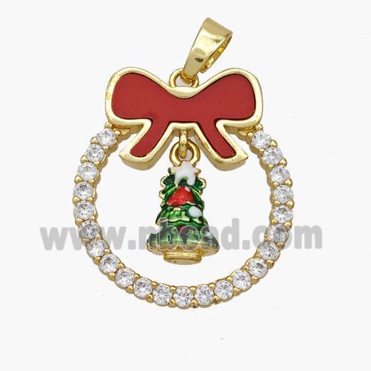 Christmas Tree Copper Bow Pendant Pave Shell Zirconia Painted 18K Gold Plated