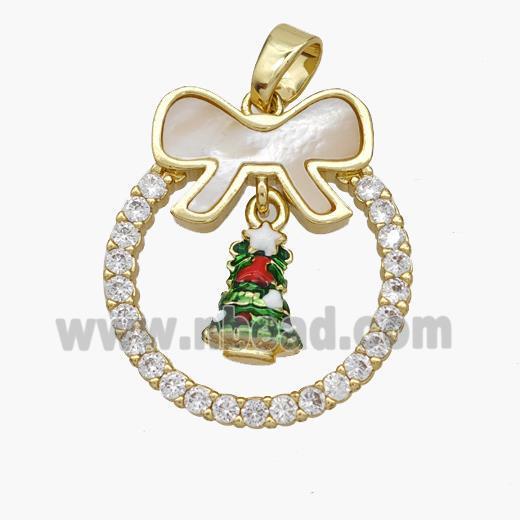 Christmas Tree Copper Bow Pendant Pave Shell Zirconia Painted 18K Gold Plated