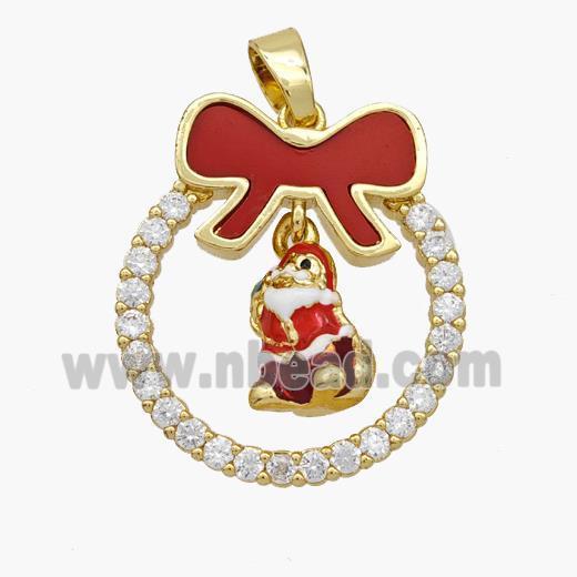 Christmas Santa Claus Copper Bow Pendant Pave Shell Zirconia Painted 18K Gold Plated