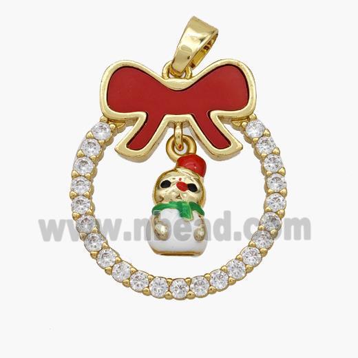 Christmas Snowman Copper Bow Pendant Pave Shell Zirconia Painted 18K Gold Plated