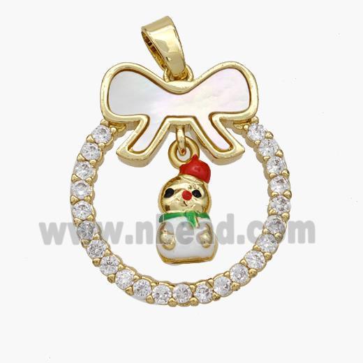 Christmas Snowman Copper Bow Pendant Pave Shell Zirconia Painted 18K Gold Plated