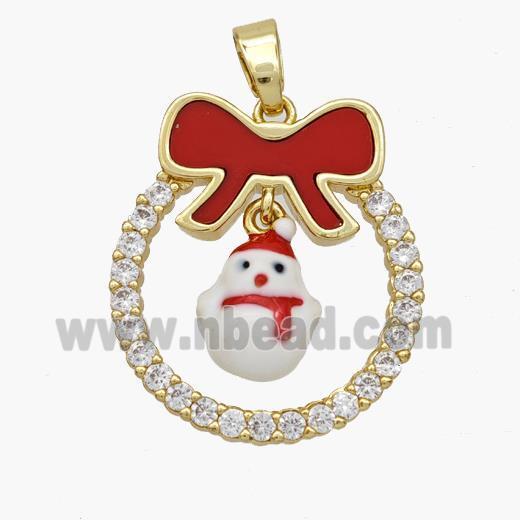 Christmas Snowman Copper Bow Pendant Pave Shell Zirconia Painted 18K Gold Plated