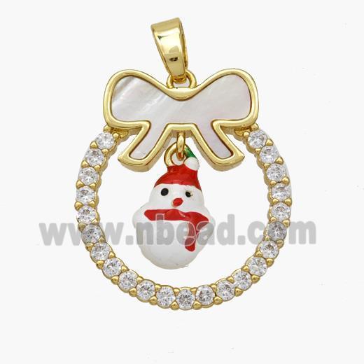 Christmas Snowman Copper Bow Pendant Pave Shell Zirconia Painted 18K Gold Plated