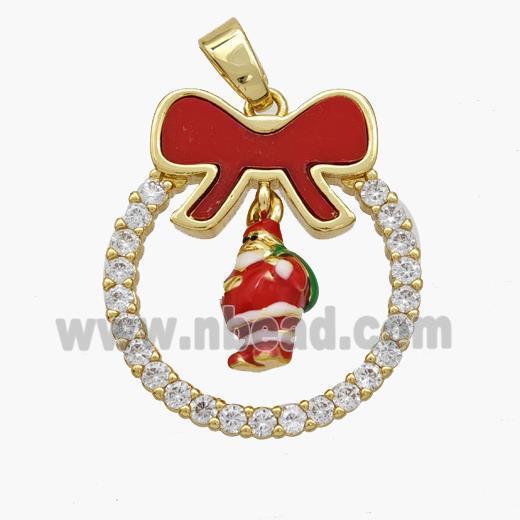 Christmas Santa Claus Copper Bow Pendant Pave Shell Zirconia Enamel 18K Gold Plated