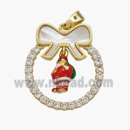 Christmas Santa Claus Copper Bow Pendant Pave Shell Zirconia Enamel 18K Gold Plated