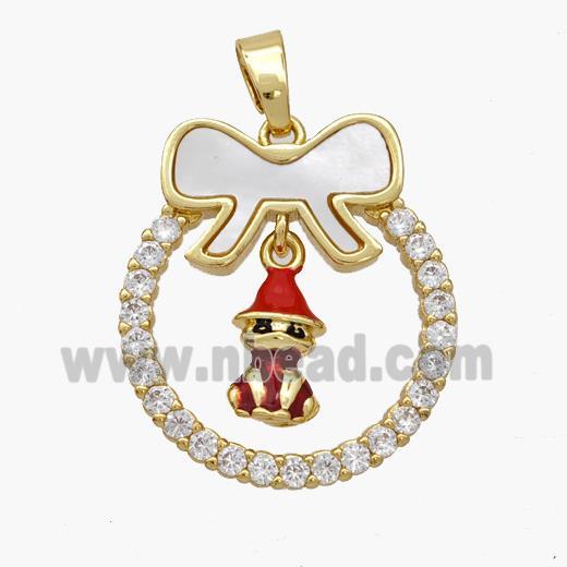 Christmas Gingerbread Man Copper Bow Pendant Pave Shell Zirconia Painted 18K Gold Plated