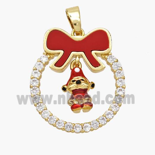 Christmas Gingerbread Man Copper Bow Pendant Pave Shell Zirconia Painted 18K Gold Plated