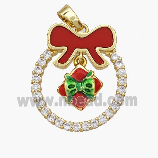 Christmas Gift Copper Bow Pendant Pave Shell Zirconia Painted 18K Gold Plated