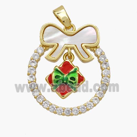 Christmas Gift Copper Bow Pendant Pave Shell Zirconia Painted 18K Gold Plated