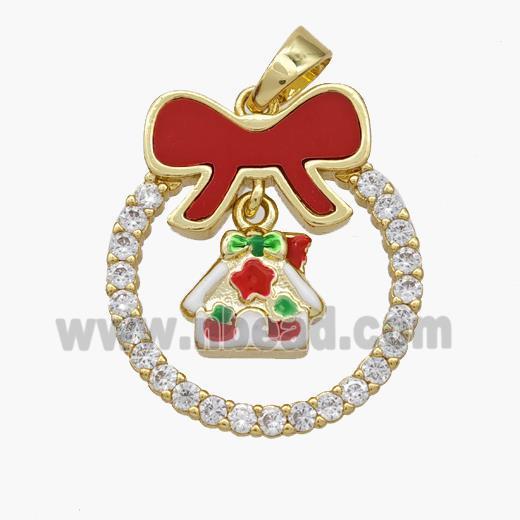 Christmas House Copper Bow Pendant Pave Shell Zirconia Painted 18K Gold Plated