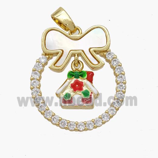 Christmas House Copper Bow Pendant Pave Shell Zirconia Painted 18K Gold Plated