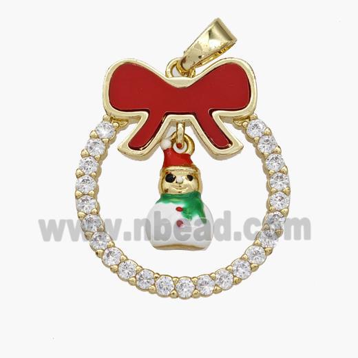 Christmas Snowman Copper Bow Pendant Pave Shell Zirconia Painted 18K Gold Plated