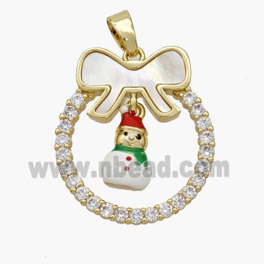 Christmas Snowman Copper Bow Pendant Pave Shell Zirconia Painted 18K Gold Plated