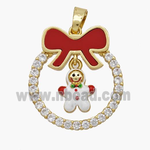 Christmas Snowman Copper Bow Pendant Pave Shell Zirconia Painted 18K Gold Plated