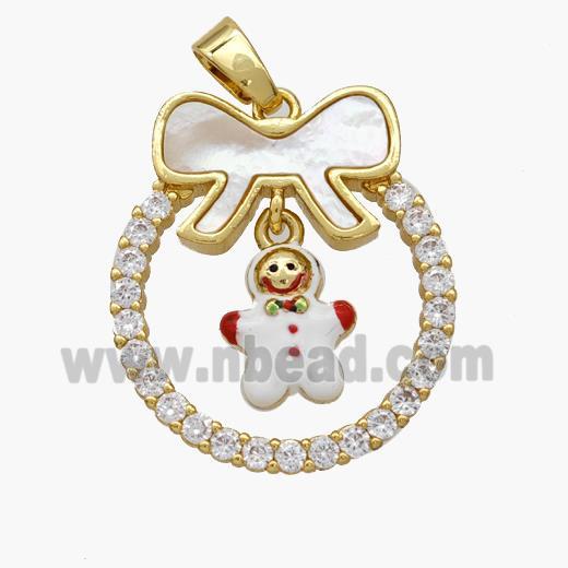 Christmas Snowman Copper Bow Pendant Pave Shell Zirconia Painted 18K Gold Plated