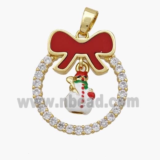 Christmas Snowman Copper Bow Pendant Pave Shell Zirconia Enamel 18K Gold Plated