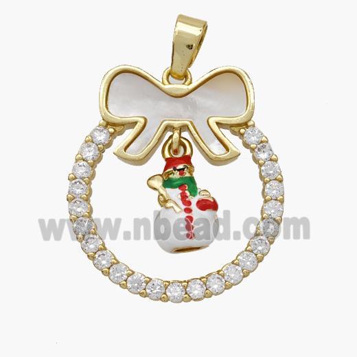 Christmas Snowman Copper Bow Pendant Pave Shell Zirconia Enamel 18K Gold Plated