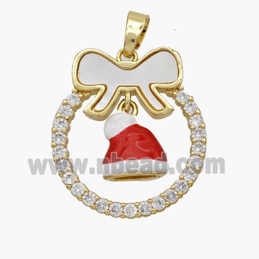 Christmas Hat Copper Bow Pendant Pave Shell Zirconia Enamel 18K Gold Plated