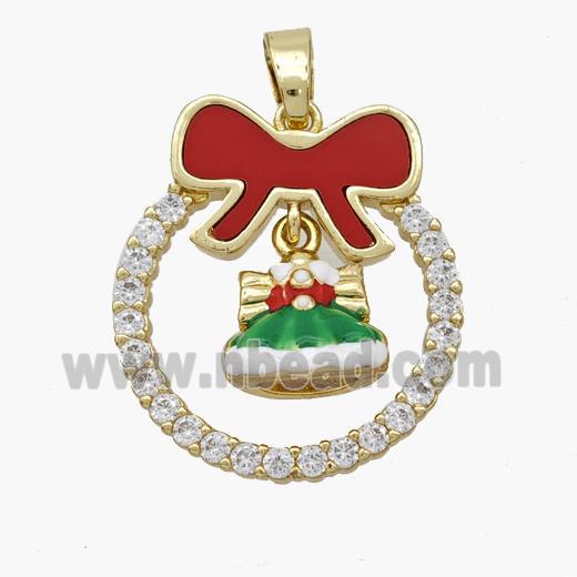 Christmas Hat Copper Bow Pendant Pave Shell Zirconia Painted 18K Gold Plated