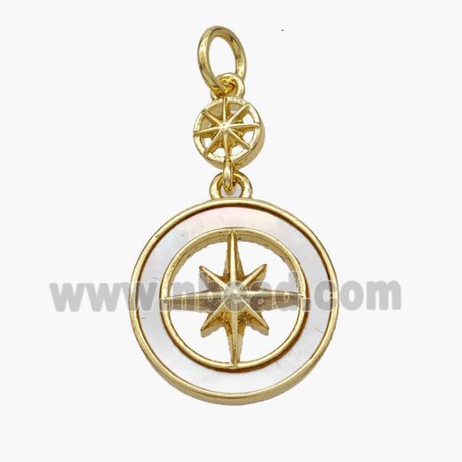 Copper Compass Pendant Pave Shell Gold Plated