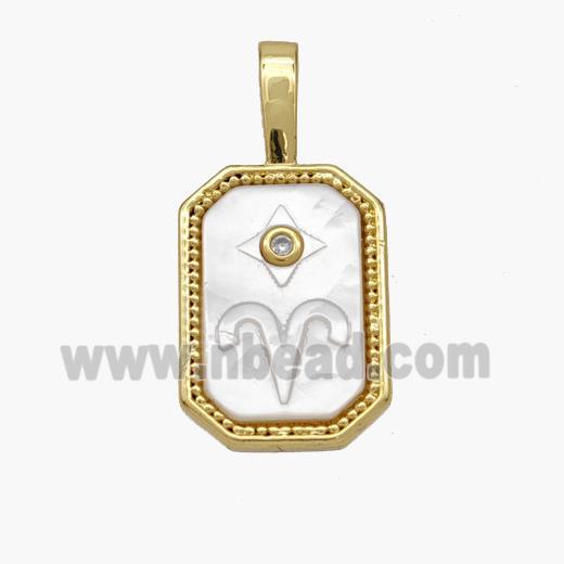 Copper Rectangle Pendant Pave Shell Zodiac Aries 18K Gold Plated