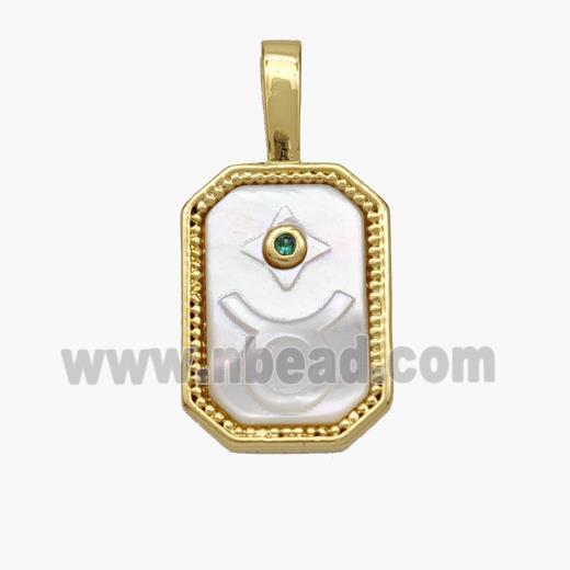 Copper Rectangle Pendant Pave Shell Zodiac Taurus 18K Gold Plated