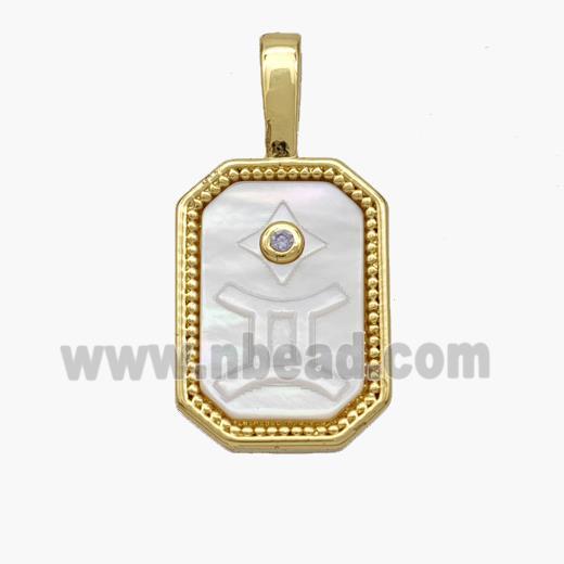 Copper Rectangle Pendant Pave Shell Zodiac Gemini 18K Gold Plated