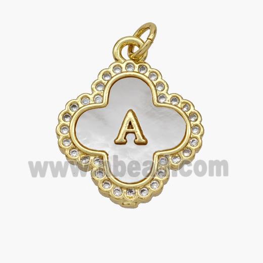 Copper Clover Pendant Pave Shell Zirconia Letter-A 18K Gold Plated