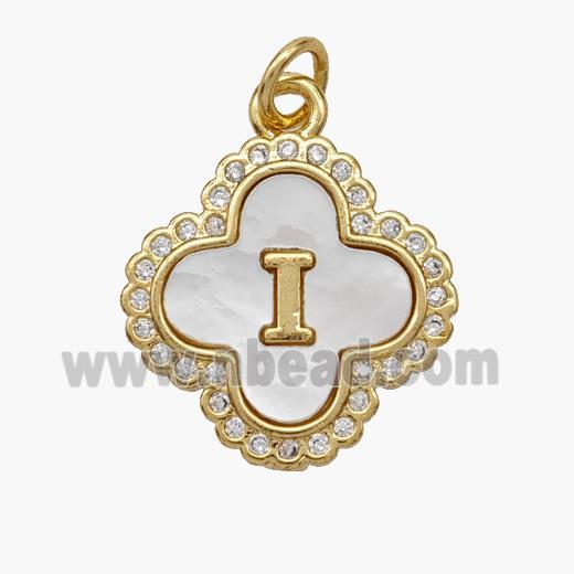 Copper Clover Pendant Pave Shell Zirconia Letter-I 18K Gold Plated