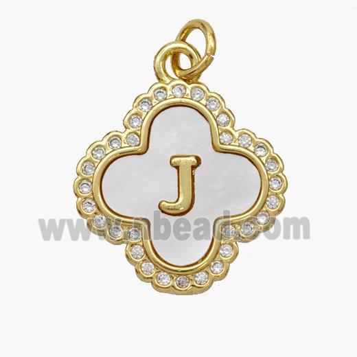 Copper Clover Pendant Pave Shell Zirconia Letter-J 18K Gold Plated