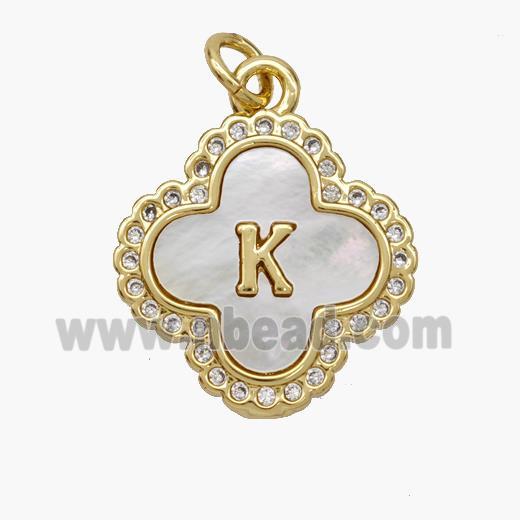 Copper Clover Pendant Pave Shell Zirconia Letter-K 18K Gold Plated