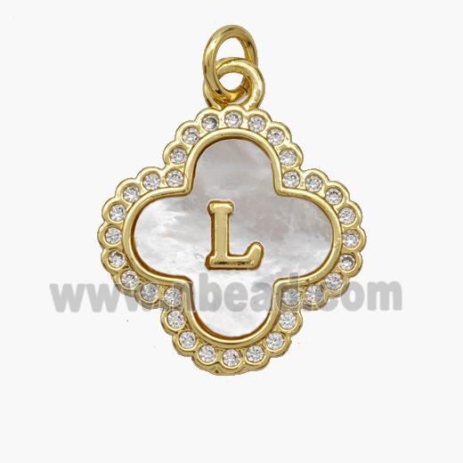 Copper Clover Pendant Pave Shell Zirconia Letter-L 18K Gold Plated