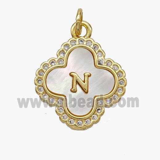 Copper Clover Pendant Pave Shell Zirconia Letter-N 18K Gold Plated